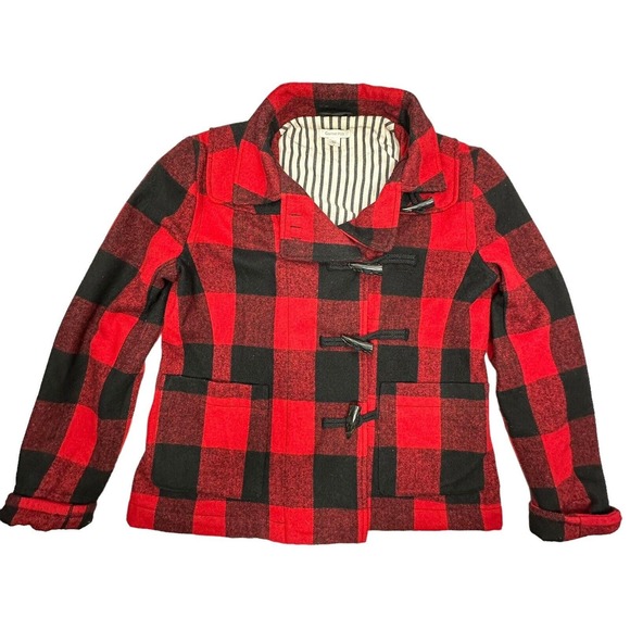 GARNET HILL Women Wool Pea Coat Jacket Sz 6 Buffalo Check Plaid Toggle Close - Picture 4 of 12